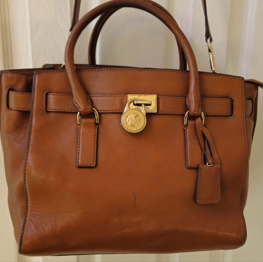 Michael Kors Hamilton Brown Leather Satchel with Gold Accents